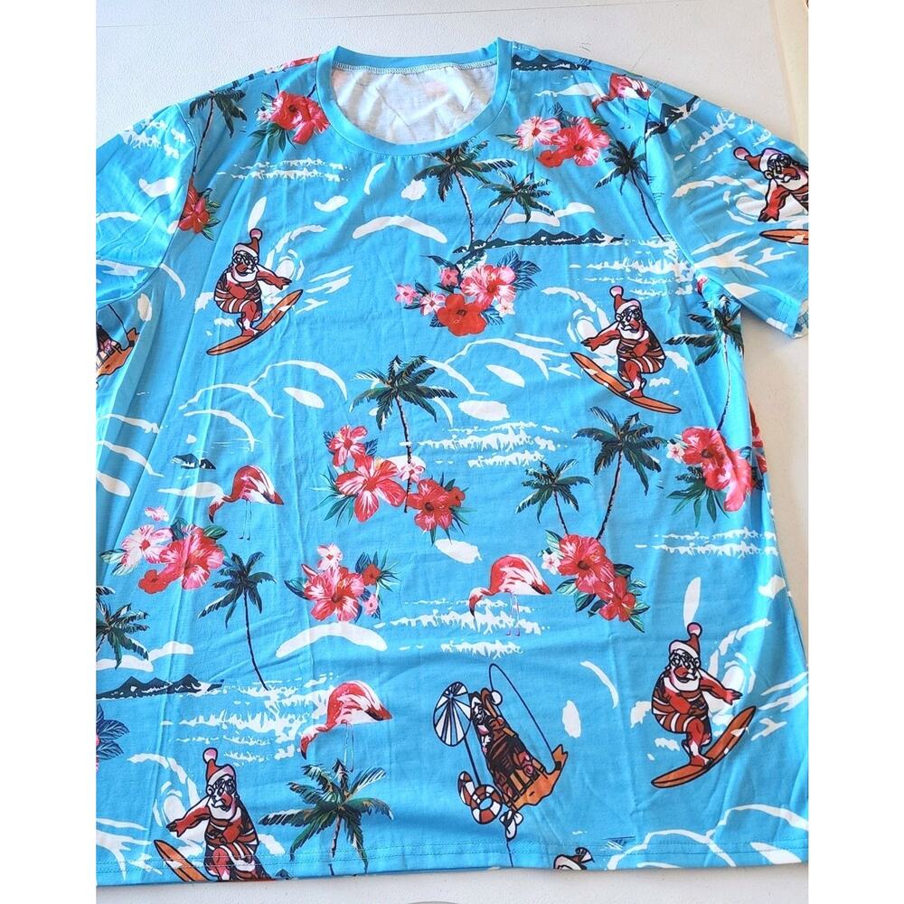 Mens XXL Floral Santa Surfing Christmas Shirt Flamingo Tropical Beach Vacation
